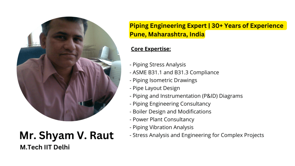 Image of Shyam V. Raut, an expert piping engineer, against a white background. The image highlights his core expertise in piping stress analysis, adherence to ASME B31.1 & B31.3 standards, creation of piping isometric drawings, and high-pressure piping design. His extensive experience includes consulting on power plants and industrial systems.